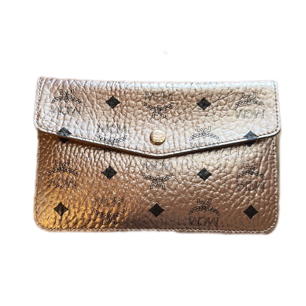 MCM Pink Gold Champagne Black Leather Envelope Wristlet Authenticate Card